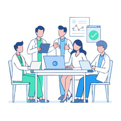 Team of medical workers sitting and meeting with laptops around table. Doctors and staff discussing papers and test results. Healthcare experts handling daily tasks and duties