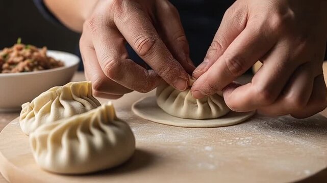 Hands pleating raw dumplings on wooden board closeup.