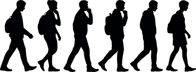 Silhouettes of Men Walking with Backpacks in Various Poses
