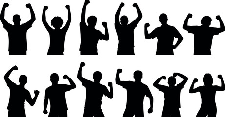 Silhouettes of people celebrating victory in various poses