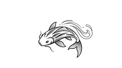 Stylized black and white illustration of a swimming koi fish with water splashes, rendered in a detailed line art style.