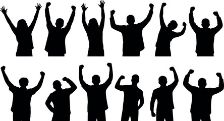 Silhouettes of people celebrating victory in various poses