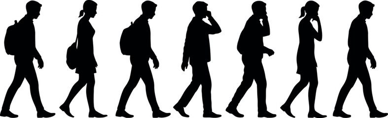 Silhouettes of People Walking in a Line with Backpacks