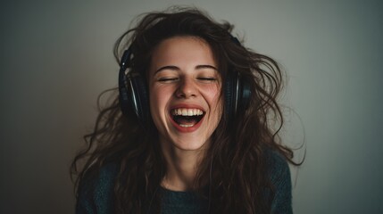 Joyful Listening: A young woman immersed in music, her face alight with pure joy, captured in a moment of auditory bliss with closed eyes and smiling.