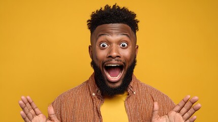 Expression of Joy: Portrait of a person radiating excitement with wide eyes, open mouth and enthusiastic gesture in front of warm background.