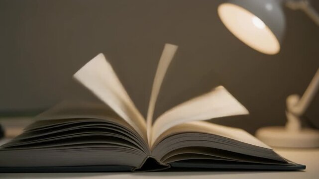 Open Book Pages Flipping Under Desk Lamp