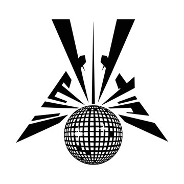 Disco Ball Dropping with Spotlight Rays and New Year Banner Silhouette Icon