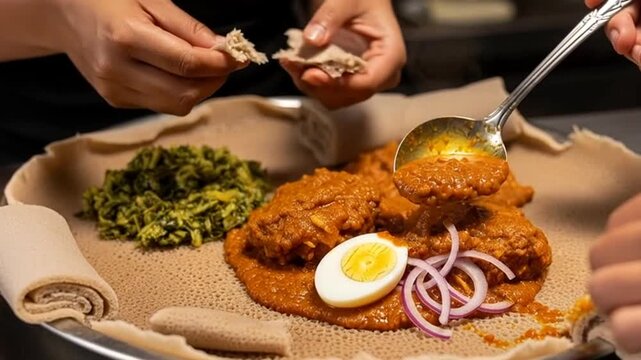 Hands serving a traditional Ethiopian meal of Doro Wat with injera and boiled egg