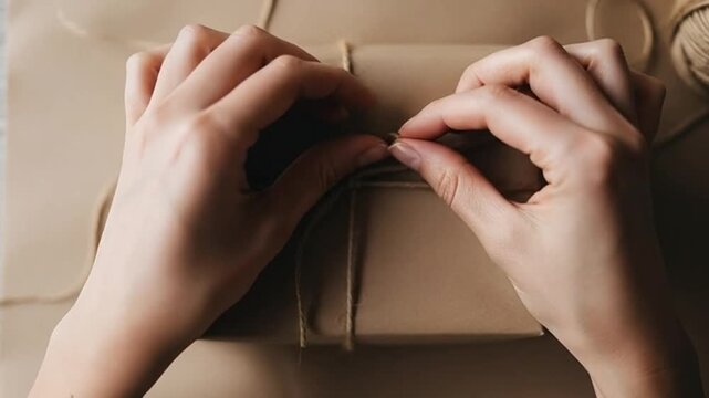 Hands tying twine around a brown paper wrapped gift box a step by step guide