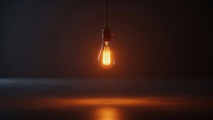 Glowing light bulb hanging in dark room emitting warm orange illumination