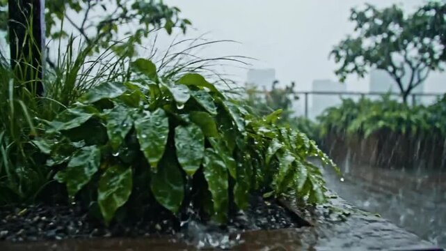 Rainy Day Rooftop Oasis: A Serene Urban Scene Featuring Lush Greenery