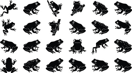 Set of black frog and toad silhouettes vector illustration featuring tree frogs and amphibians jumping sitting and climbing