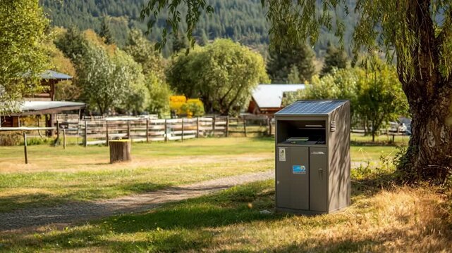 Medium shot of a solar compactor bin operating in an offgrid rural setting highlighting ecofriendly waste reduction away from traditional power sources.