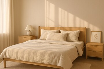 Scandinavian bedroom with linen sunlight