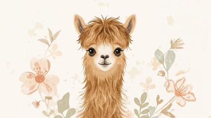 Obraz premium A cute llama or alpaca with light brown fur, large dark eyes, and a sweet expression, surrounded by soft pastel flowers and leaves.