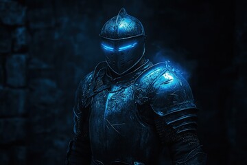 Fototapeta premium medieval armor glowing with faint magical aura in dark chamber