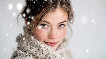 Winter's Embrace: Portrait of a woman, framed by gentle snowfall, radiates a serene beauty, embodying the tranquility of winter.