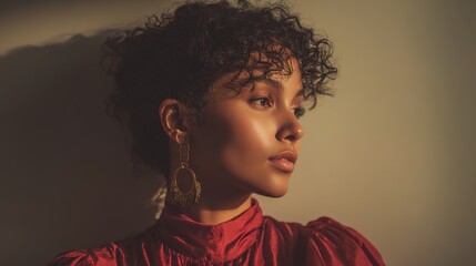 Portrait of Contemplation: A woman with gentle features gazes thoughtfully, framed by soft lighting, revealing a sense of calm and introspective elegance.