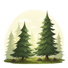 Obraz premium Two Green Pine Trees in a Forest Illustration with Sunlight and Rocks in Pixel Art