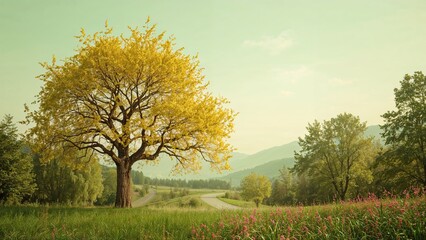 Fototapeta premium Autumn landscape with a large tree, green fields, and distant mountains. Nature scene with vibrant foliage and a winding path through the countryside.