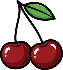 Two Red Cherries with Green Leaf and Stems cherry fruit