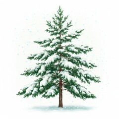 Fototapeta premium Snow Covered Green Pine Tree on a White Background in Winter Season