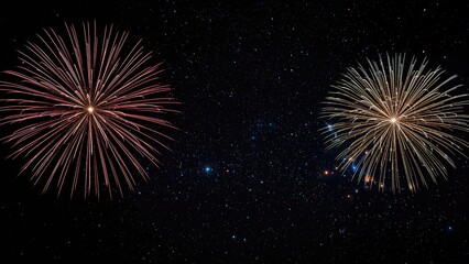 Fototapeta premium Fireworks exploding in the night sky against a starry background. Celebration and festivity, fireworks display, night sky, colorful explosions, event, entertainment, sky show