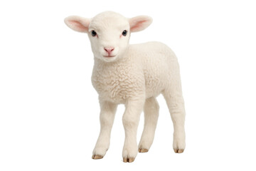 Fototapeta premium White baby lamb standing, looking at camera, representing innocence, purity, domestic animal