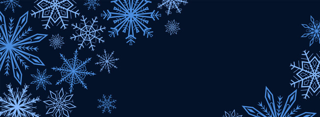 Winter background with blue snowflakes forming a decorative border on dark background. Perfect for Christmas and New Year banners, posters, cards, headers, web design and seasonal marketing materials