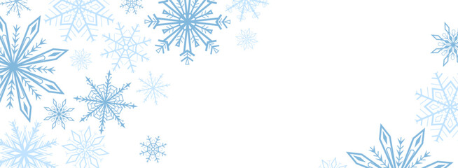 Clean winter background with blue snowflakes forming a decorative border on light background. Ideal for Christmas and New Year banners, greeting cards, posters, invitations, web design