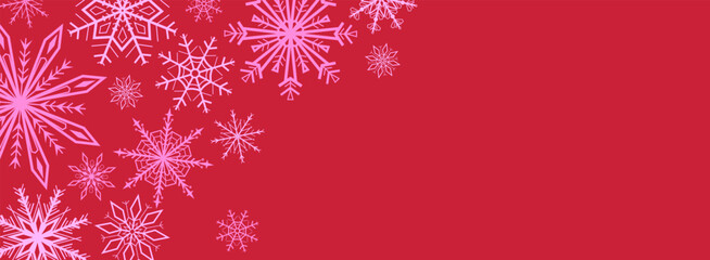 Festive winter background with pink snowflakes forming a decorative border on red background. Perfect for Christmas and New Year banners, posters, social media and seasonal marketing design