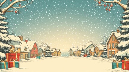Cozy comic book-style Christmas village scene with snow, gifts, and decorated trees creating a warm holiday atmosphere