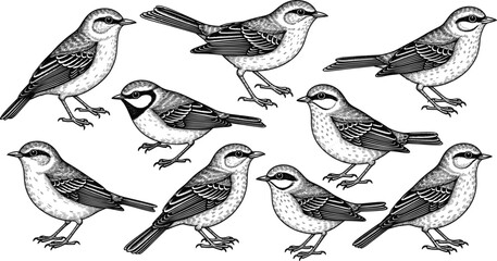 Hand drawn black and white bird illustration featuring nine vintage sparrows in detailed engraving style with feather and posture variations © Silent Soul