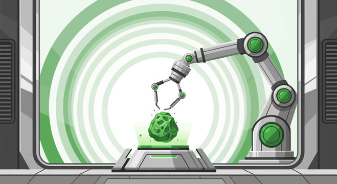 Automated robotic arm manipulating a unique alien gemstone in a futuristic laboratory setting