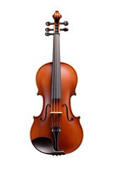 Fototapeta premium Highly detailed classic wooden violin with a glossy reddish-brown varnish, fine string and bridge details, polished ebony fingerboard, bow resting diagonally, Isolated to Transparent Background