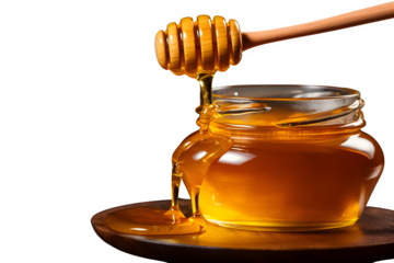 Honey dripping from wooden honey dipper into glass jar, warm golden glow, Isolated to Transparent Background