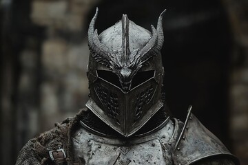 medieval armor with detailed helmet featuring a visor shaped like a dragon