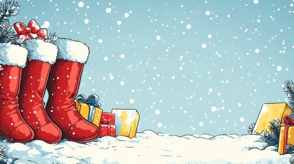 Fototapeta premium Cozy Christmas scene with red boots and presents in a comic book style snowy background