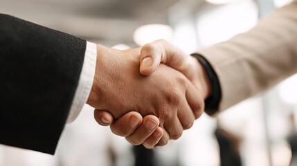 Handshake: a symbolic gesture of unity, trust, and mutual agreement in a business environment. Capturing the essence of collaboration, agreement, and partnership.