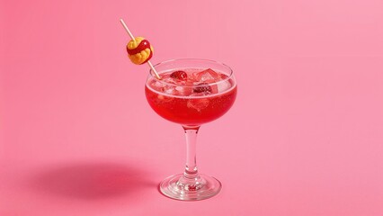Bright red cocktail with ice cubes garnished with a cherry on a skewer, set against a pink background.
