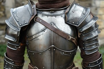 medieval armor with detailed shoulder pauldrons and leather belts