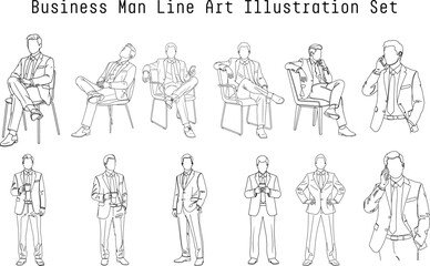 Business Man Line Art Illustration Set – Professional Corporate Character Pack