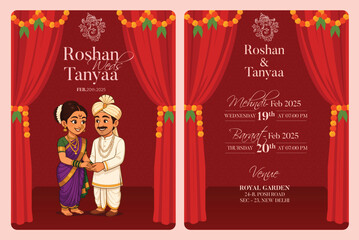 Traditional Royal Wedding Invitation card design with Bride and Groom Welcoming illustration	