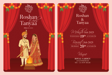Traditional Royal Wedding Invitation card design with Bride and Groom Welcoming illustration	