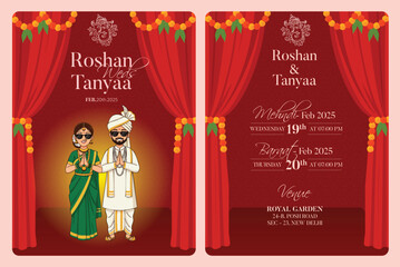 Traditional Royal Wedding Invitation card design with Bride and Groom Welcoming illustration	