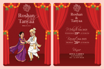 Traditional Royal Wedding Invitation card design with Bride and Groom Welcoming illustration	
