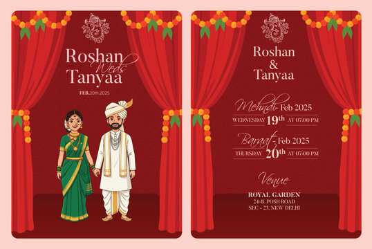 Traditional Royal Wedding Invitation card design with Bride and Groom Welcoming illustration	