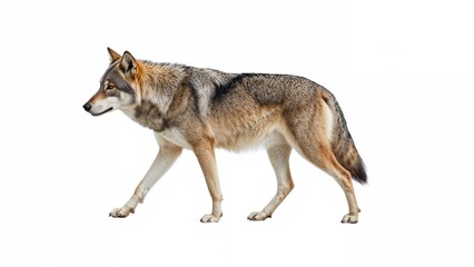 Fototapeta premium A wolf walking sideways on a white background.