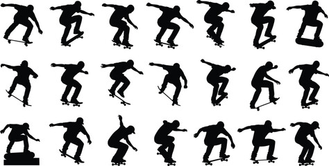 Dynamic Skateboarder Silhouette Vector Collection: Set of 22 Poses Featuring Ollie, Flip, and Grind Action Jumps for Extreme Sports Design.
