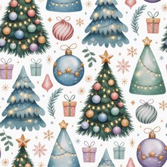 Seamless winter pattern showcasing hand-drawn Christmas elements, star-topped trees, and whimsical festive motif, suitable for branding assets and joyful celebration themes.